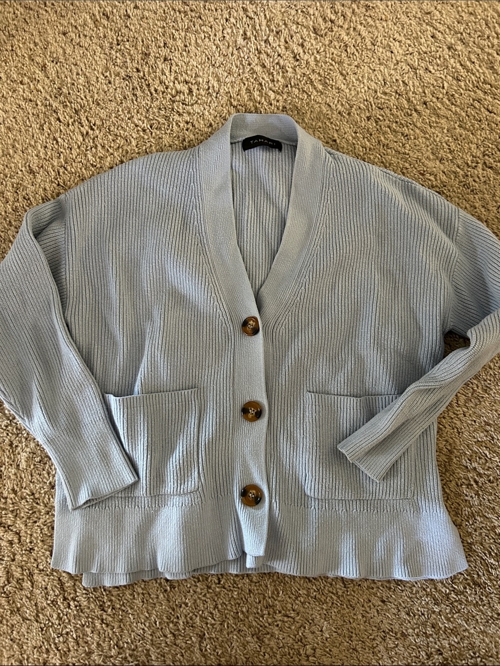 Tahari Pale Blue Ribbed Button-Front Cardigan